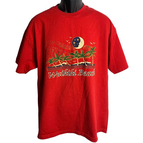 Vintage Waikiki Beach Crewneck T Shirt XL Red Short Sleeve Puff Paint Graphic - Picture 1 of 6